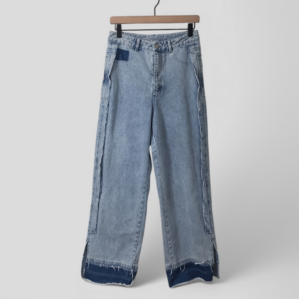 High Waist Wide Leg‎ Distressed Studded Jeans Patched Grunge Skater